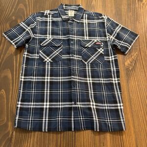 DICKIES Mens Plaid Short Sleeve Button Shirt Medium Blue Cotton Casual Workwear